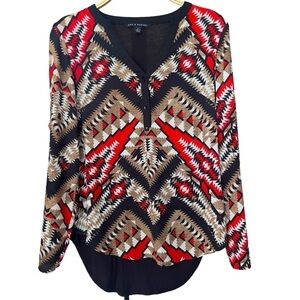 Zac & Rachel Women’s Sz S Long Sleeve V-Neck Geometric Boho Western Blouse Tunic